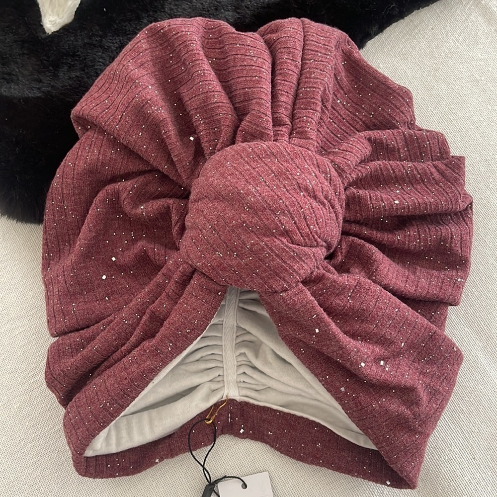 Bella’s Women’s Ribbed Foil Turban Lined Burgundy Medium NEW With Tags